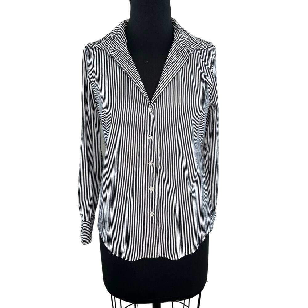 J Crew Stretch Perfect Top White Black Stripe Button Up Long Sleeve Shirt PS